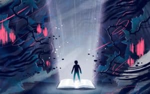 An illustration of a child’s silhouette standing on a shining bible, surrounded by a dark landscape