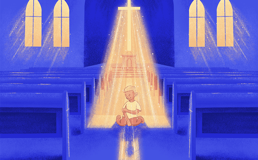 I want to spoil my kids Illustration of a child sitting in the aisle of a church, bathed in the light of the cross