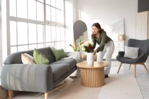 A woman perfectly tidies a vase of flowers in an immaculate living room. Perfectionism in Marriage isn't healthy for us or our relationships.