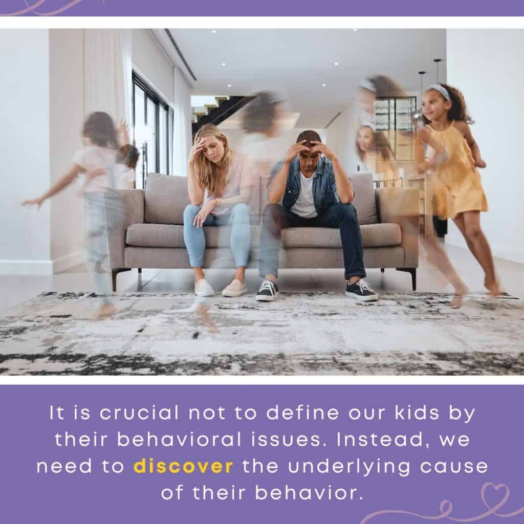A stressed couple sits on a couch while children blur past in motion, symbolizing the chaos of parenting and the challenge of managing behavioral issues.